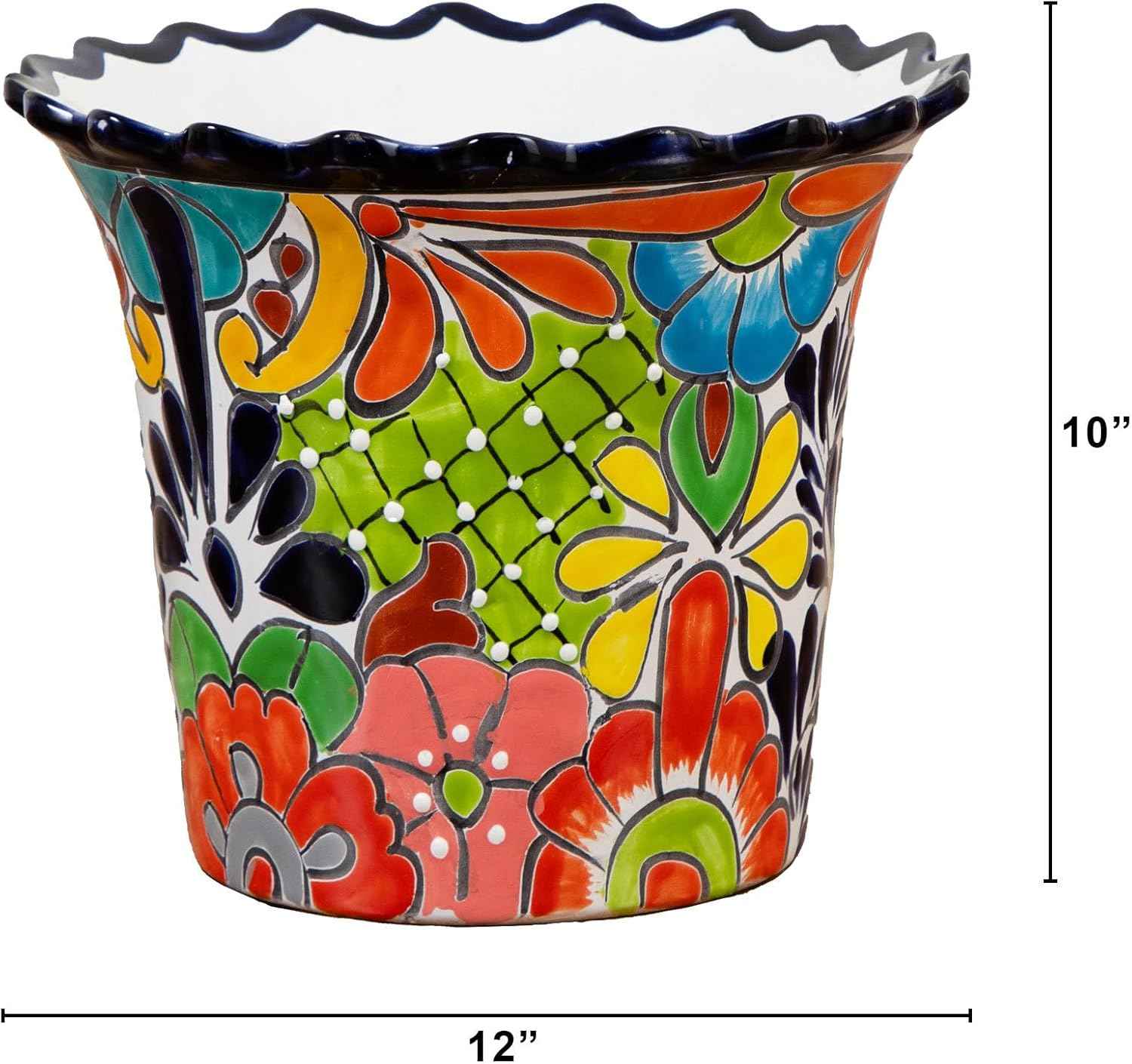 Nearly Natural 10-in x 12-in Handcrafted Mexican Talavera Ceramic Planter – Vibrant Hand-Painted Decorative Art Pot with Drainage Hole