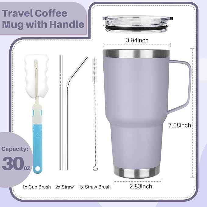 30 oz Stainless Steel Tumbler with Handle, Double Wall Vacuum Insulated Coffee Mug Tumbler with Lid and Straw, Thermal Cup for Cold and Hot (Light Purple)