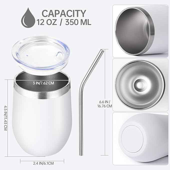 Volhoply 12oz Stainless Steel Wine Tumbler with Lid Bulk 4 Pack,Double Wall Vacuum Stemless Wine Glasses,Reusable Metal Travel Coffe Mug with Straw,Insulated Cup Gifts for Women,Christmas（White,4 Set）