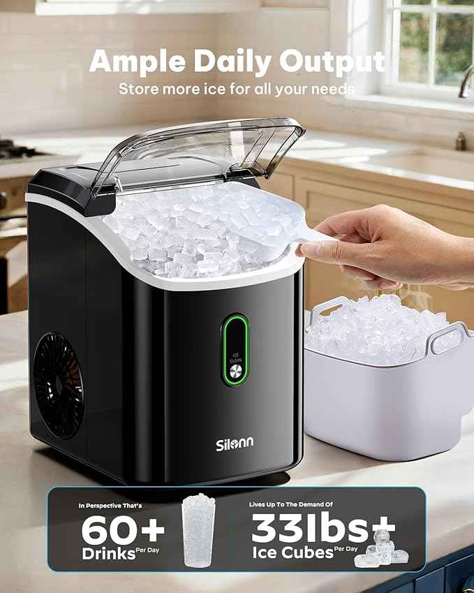 Silonn Nugget Ice Maker Countertop, Pellet Ice Machine with Self-Cleaning Function, Sonic Ice Maker Produces 33lbs of Chewable Ice in 24 Hours, Ideal for Home Kitchen and Office (Black)