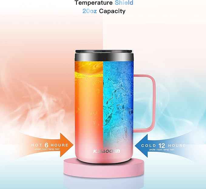 KXIAOCHEN 20oz Insulated Coffee Mug with Lid, Stainless Steel Coffee Cup, Double Wall Vacuum Coffee Tumbler with Handle, Premium Thermal Travel Coffee Mug (Pink)