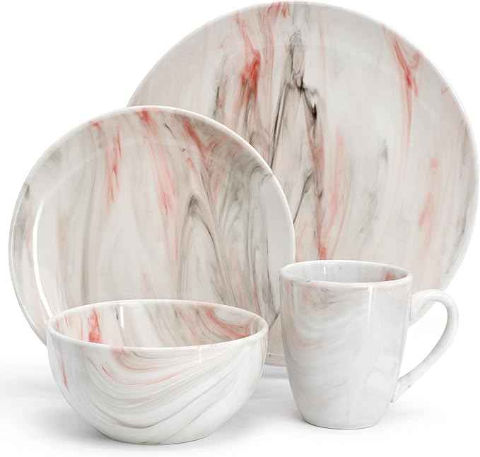 Elama Fine Marble 16 Piece Porcelain Dinnerware Set, Tableware Set, Everyday Dining, Service for 4 (Red/Gray)