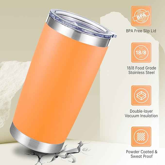 20 oz Tumbler Stainless Steel Tumblers with Lid Double Wall Vacuum Insulated Coffee Mug 20oz Powder Coated Cup for Hot and Cold Drinks, Orange, 1 pack