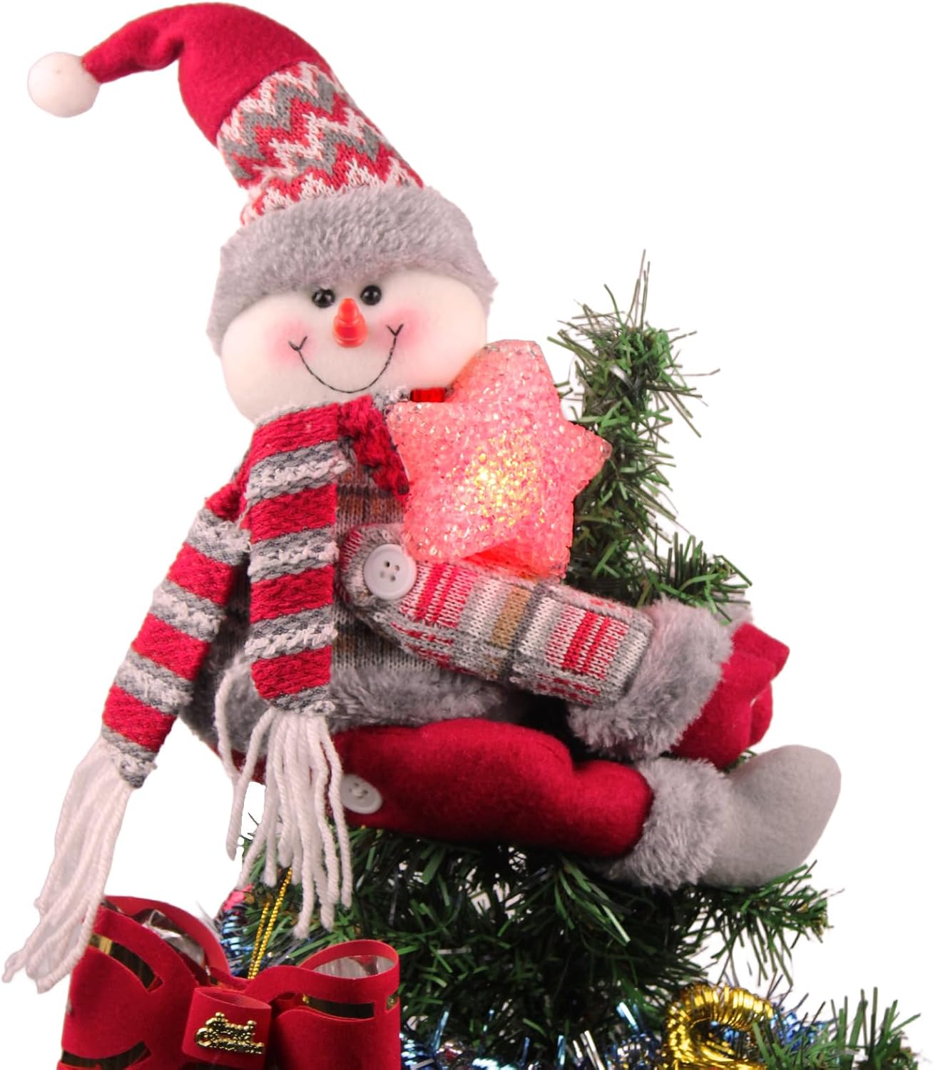 Christmas Plush Snowman Tree Topper with Lighted Red Star,Xmas Treetop Ornament-Also Be Used As Home Curtain Tie and Hugger Wine Bottle Party Decorations