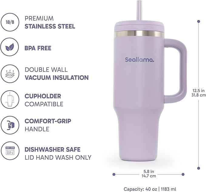 Seallama. Tumbler with Handle and Straw 40 oz | Cup Holder Compatible for Travel | Insulated Stainless Steel Cup | BPA-Free | (Mauve Meringue)