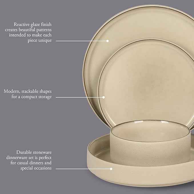 Gibson Elite Liberty Bay 16-Piece Pottery Clay Stoneware Dinnerware Set – Taupe Reactive Glaze, Stackable Plates and Bowls W/Pasta Bowl, Service for 4 – Microwave & Dishwasher Safe
