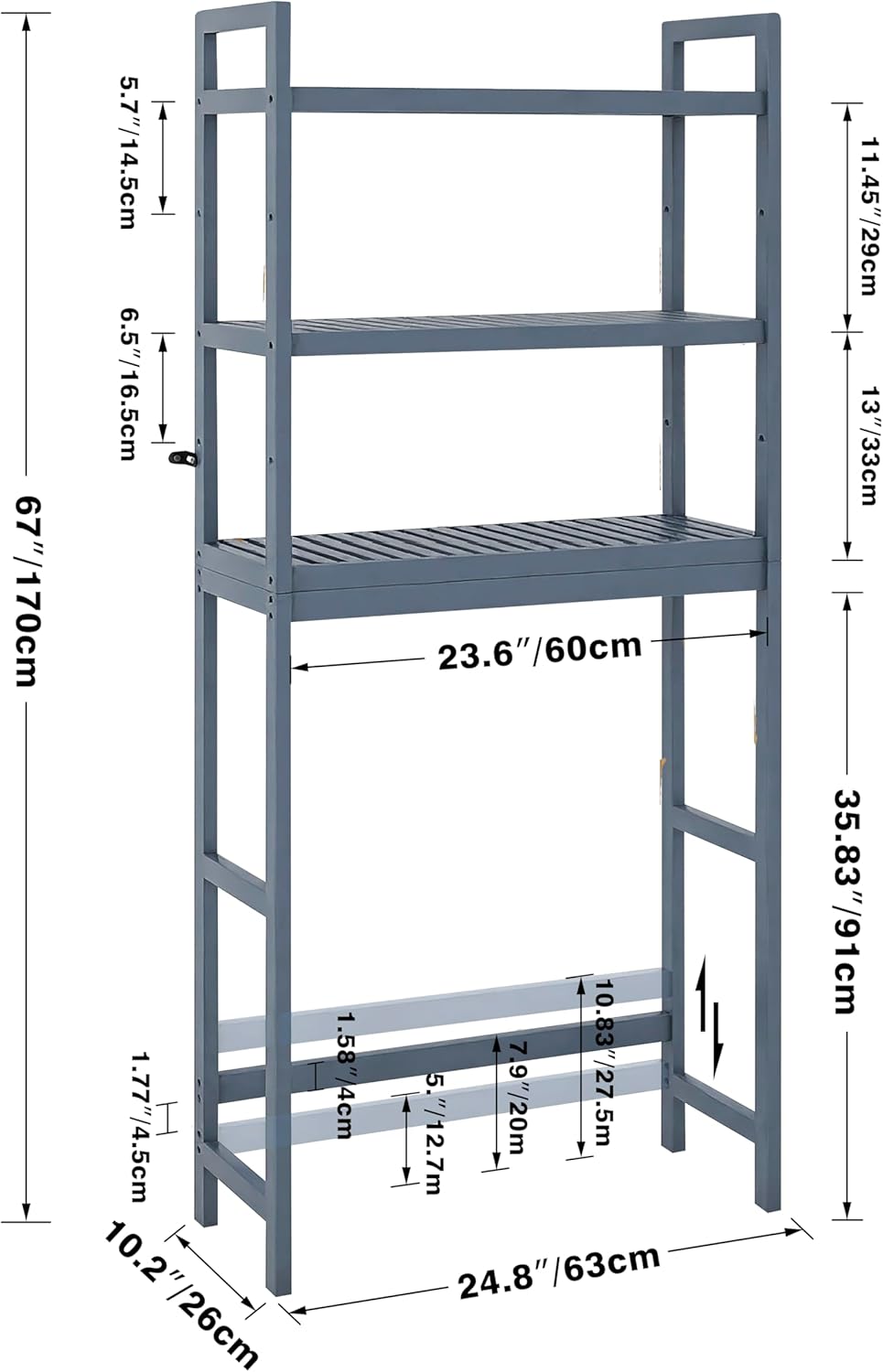 SMIBUY Bathroom Storage Shelf, Bamboo Over-The-Toilet Organizer Rack, Freestanding Toilet Space Saver with 3-Tier Adjustable Shelves (Grey) - Lumora Casa