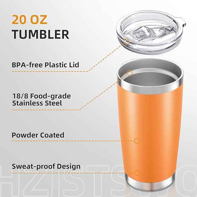 20 oz Tumbler with Lid Stainless Steel Insulated Tumblers Double Wall Vacuum Coffee Mug Powder Coated Tumbler Cups for Cold and Hot Drinks, Orange, 1 pack