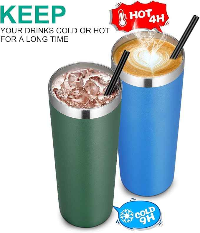VEGOND Stainless Steel Skinny Tumbler, 20 oz Vacuum Insulated Tumbler with Lid and Straw, Double Wall Coffee Cup, Travel Mug for Cold Hot Drinks, Dark Green 1 Pack