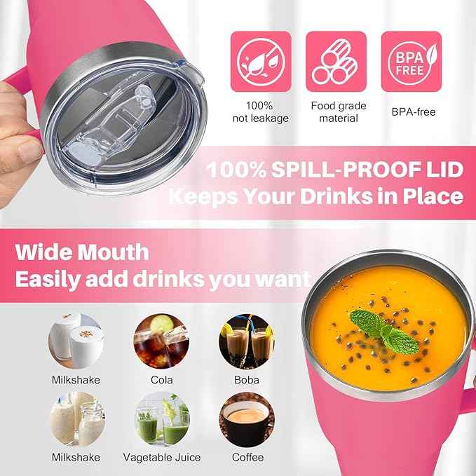 30 oz Tumbler with Handle, Stainless Steel Insulated Tumbler with Lid and Straw, Double Wall Vacuum Coffee Mug Tumbler, Insulated Coffee Thermal Cup for Cold and Hot (Peach Pink)