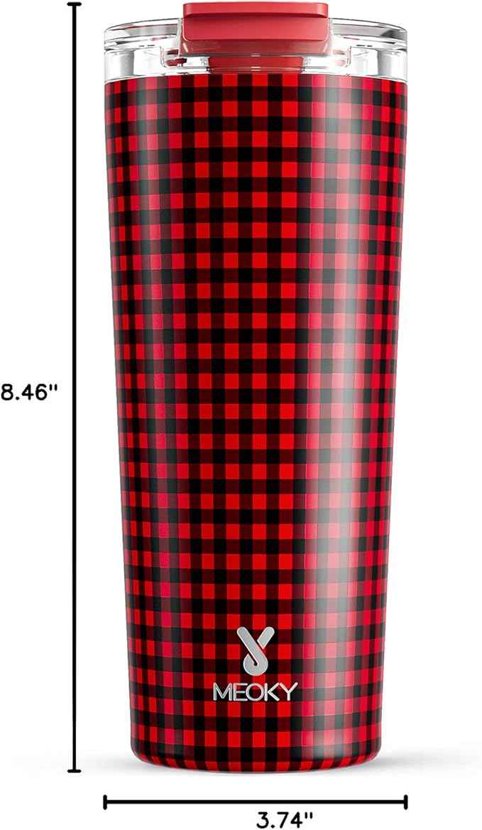 Meoky 24 oz Travel Coffee Mug with Leak-proof Lid, Stainless Steel Insulated Coffee Tumbler, Keeps Hot for 8 Hours or Cold for 24 Hours, Fits in Car Cup Holder (Crimson Plaid)