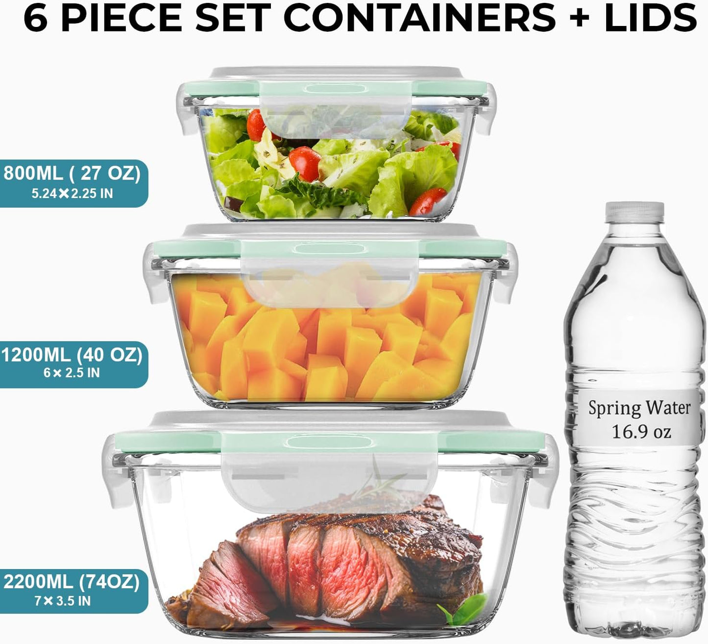 Razab 6 PC Square Glass Food Storage Containers with Airtight lids (74, 40 & 18 oz) Kitchen Glass Meal Prep Containers Set for Freezer Reusable Leftover Lunch Boxes, Oven, Microwave, Dishwasher Safe