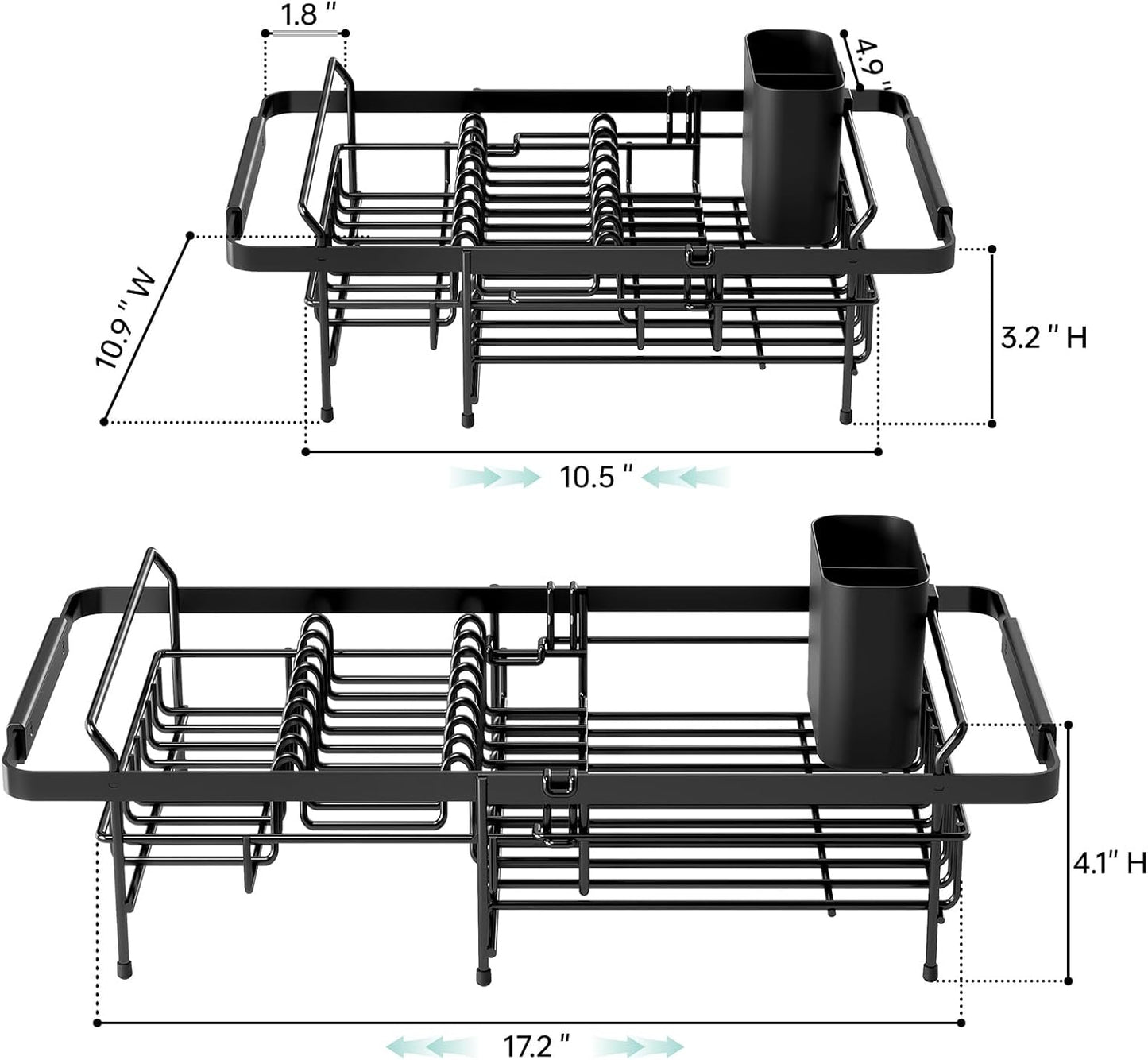 Urackify Dish Drying Rack in Sink - Expandable (14.5''-18''L) Over The Sink Dish Rack with Utensil Holder, Space-Saving Dish Drainer for Kitchen Counter, 1 Piece, Matte Black