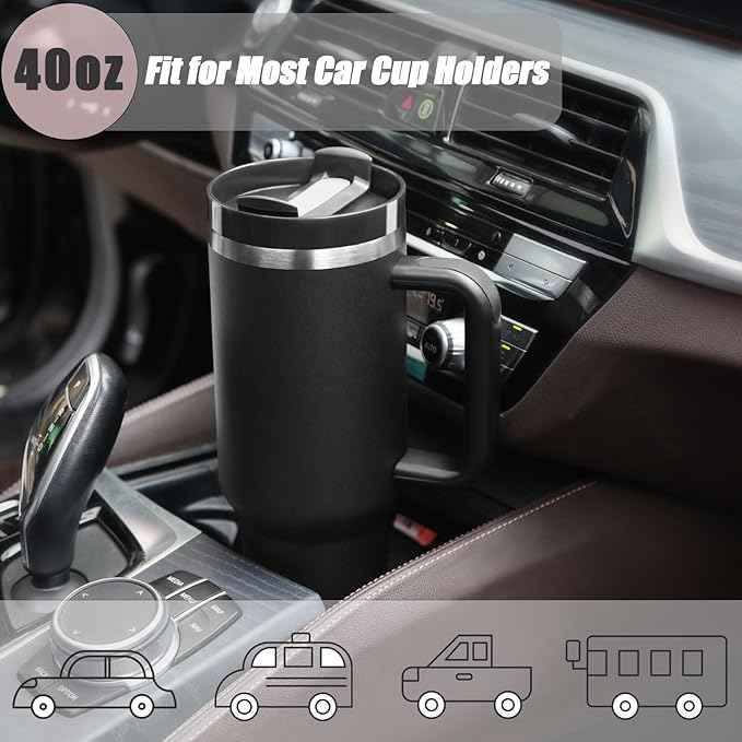 2 Pack 40 oz Tumbler with Handle and Straw Lid, Stainless Steel Double Wall Vacuum Insulated Travel Mug, Insulated Coffee Mug, with Silicone Spill Proof Stopper Set(Black)