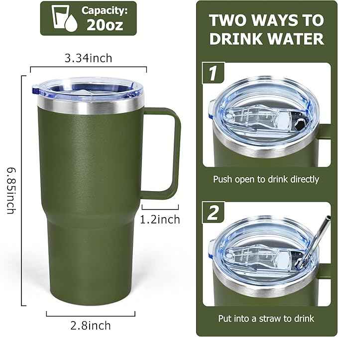 20 oz Tumbler with Handle, insulated cup coffee mug with lid, straw and handle, Double Wall Stainless Steel Vacuum Coffee Tumbler travel mug spill proof, 1pcs Army Green