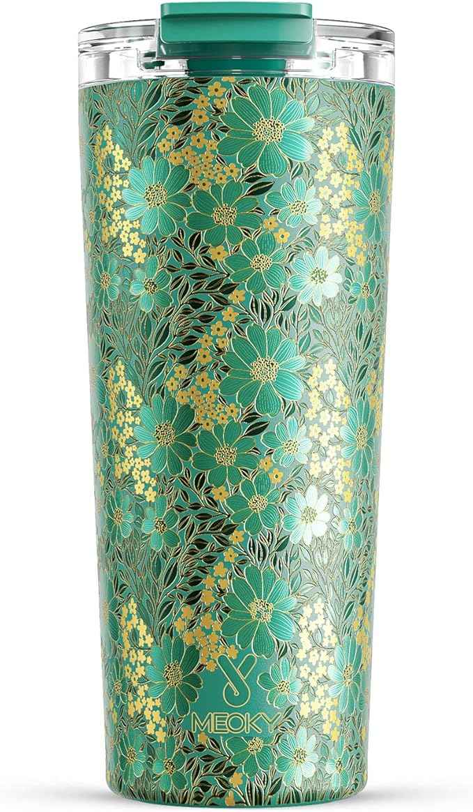 Meoky 24 oz Travel Coffee Mug with Leak-proof Lid, Stainless Steel Insulated Coffee Tumbler, Keeps Hot for 8 Hours or Cold for 24 Hours, Fits in Car Cup Holder (Emerald Bloom)
