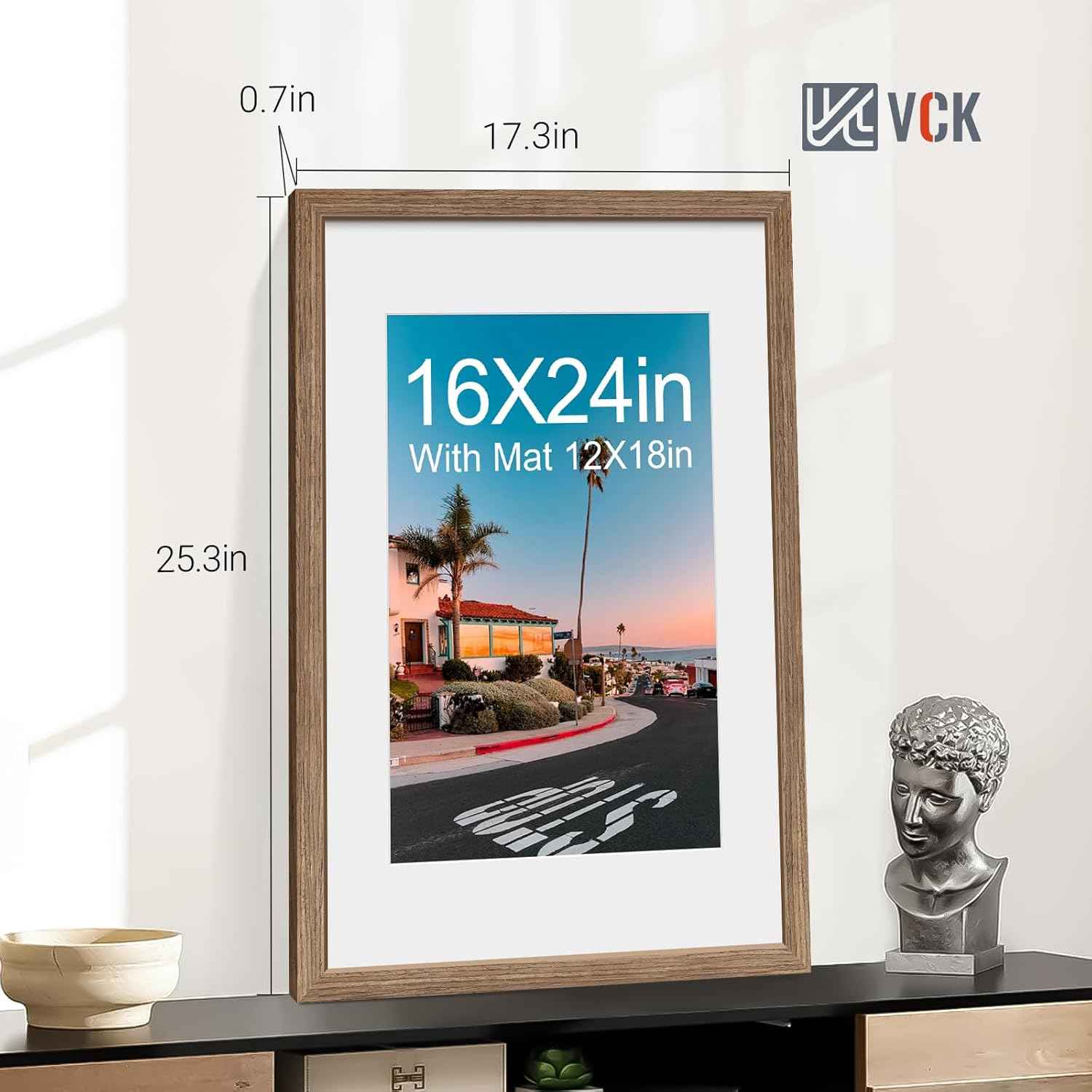 VCK 16x24 Poster Frame 2 Pack - Walnut, High-End Wood Picture Frames with Polished Plexiglass, Display 12x18 Photo with Mat or 16x24 without Mat, Art Gallery-Quality, Wall Hanging