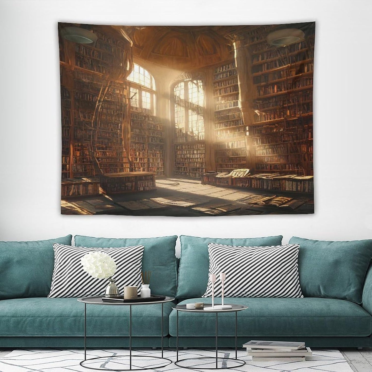Kurtect Retro Bookshelf Tapestry,Medieval Mid Century Library Building Pattern Print Tapestries for Party Beach Picnic Blankets Tablecloths Living Room Wall Deocr, 60x80 in