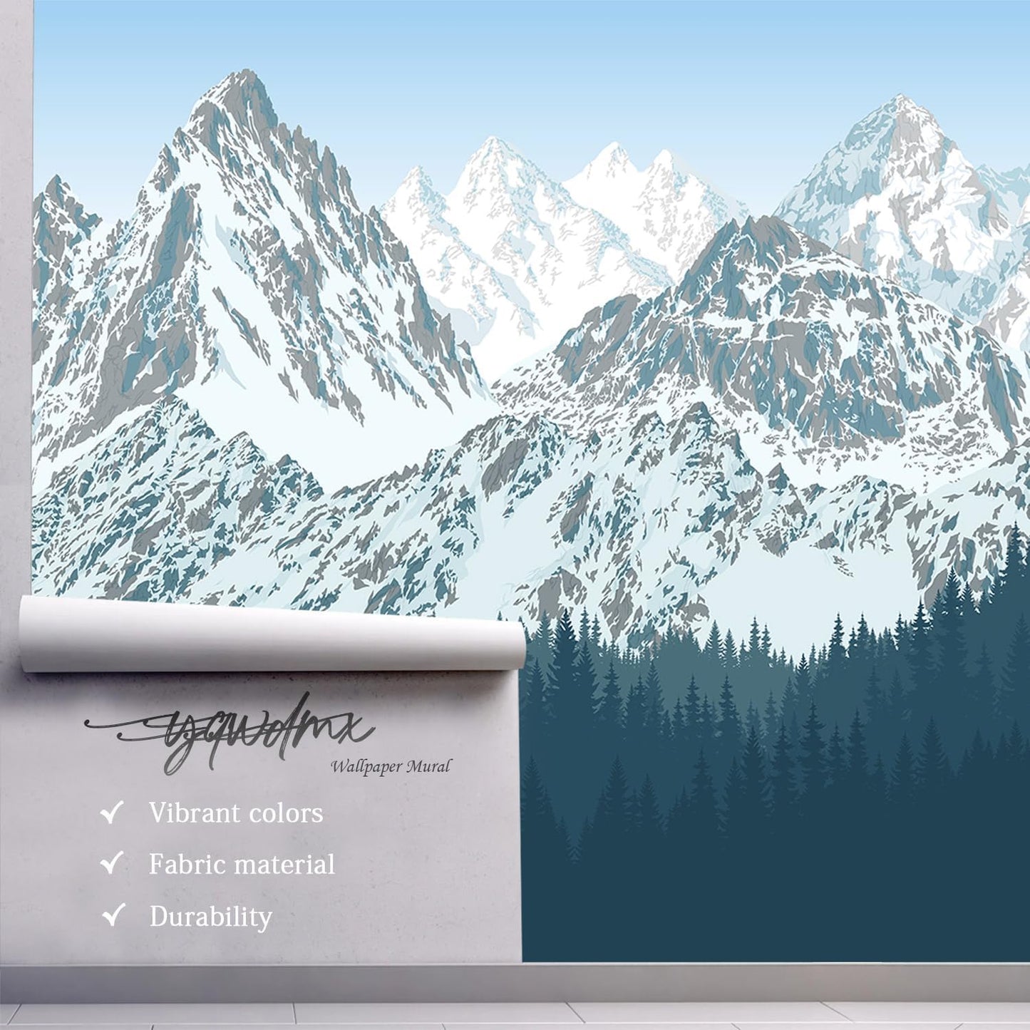 -Forest Snow Mountain Peaks Blue Sky Wallpaper Bedroom Living Room XT09 M 140" x 91"