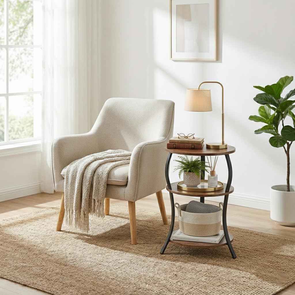 Round Side Table, 3-Tier End Table with Storage Shelf for Narrow and Small Spaces, Round Sofa Table Vintage Corner Tables for Living Room,Bedroom Nightstand/Rustic Brown