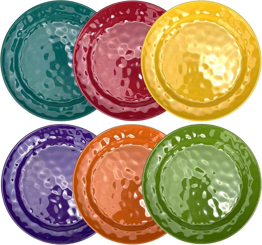 6-Piece 100% Melamine Dinner/Lunch Plate Set,10inch Round Melamine Salad Plates Picnic Plates for Holiday Home Party,Break-resistant and Lightweight,Hammered Finish,BPA Free (Multi color)