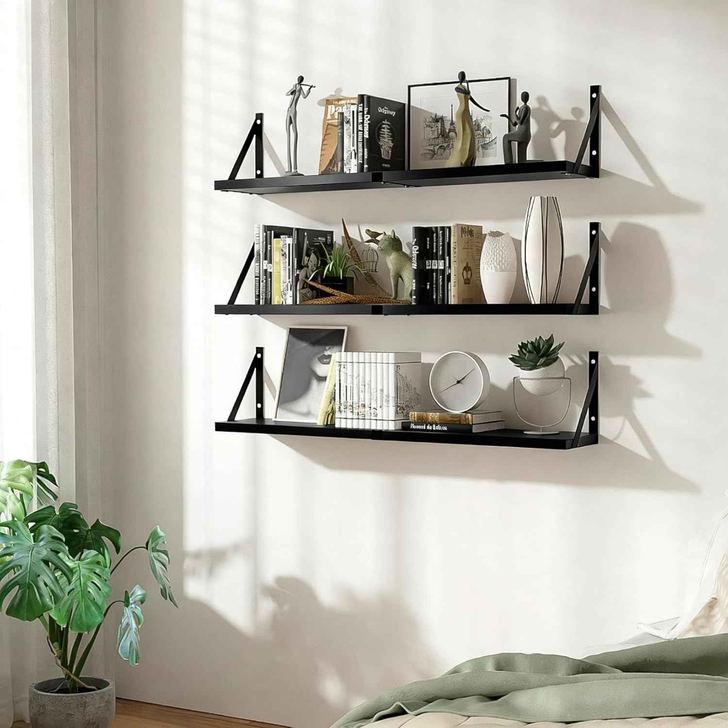 Floating Book Shelves Set of 3, Wall Bookshelf, 33 inch Long Wood Shelf for Wall Storage, Hanging Shelving for Bedroom, Bathroom, Living Room, Kitchen, Office and Plants (Black)