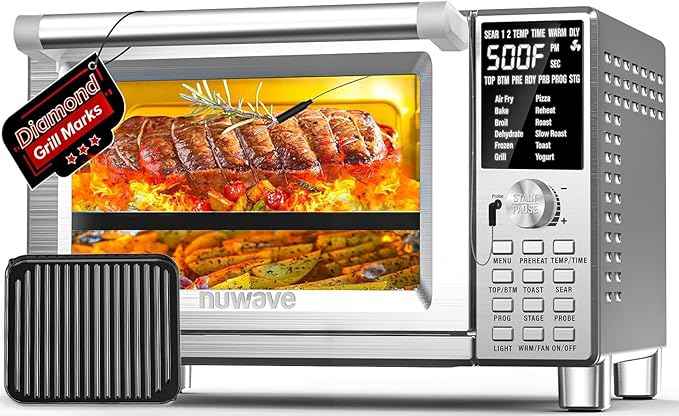 NUWAVE Bravo XL Air Fryer Convection Toaster Oven Countertop, 112-in-1 Smart Grill Combo with Original Flavors & Marks, Adjustable Heating Zones for Pizza, Roast, Bake, 50-500°F, Stainless Steel, 30QT