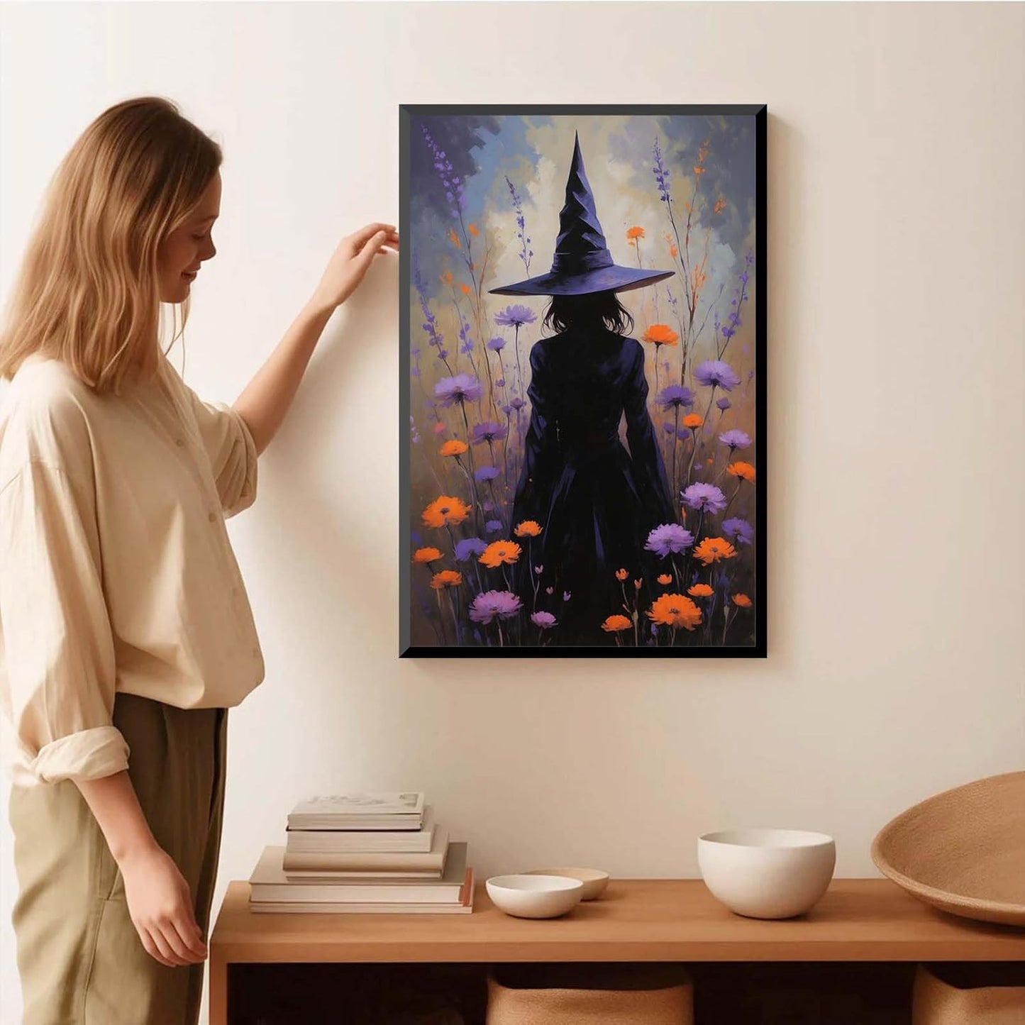 JFHCQJPK Country wildflower witch canvas print halloween mashup art witch purple decoration bohemian elegant art poster20x30in Metal blackFramed