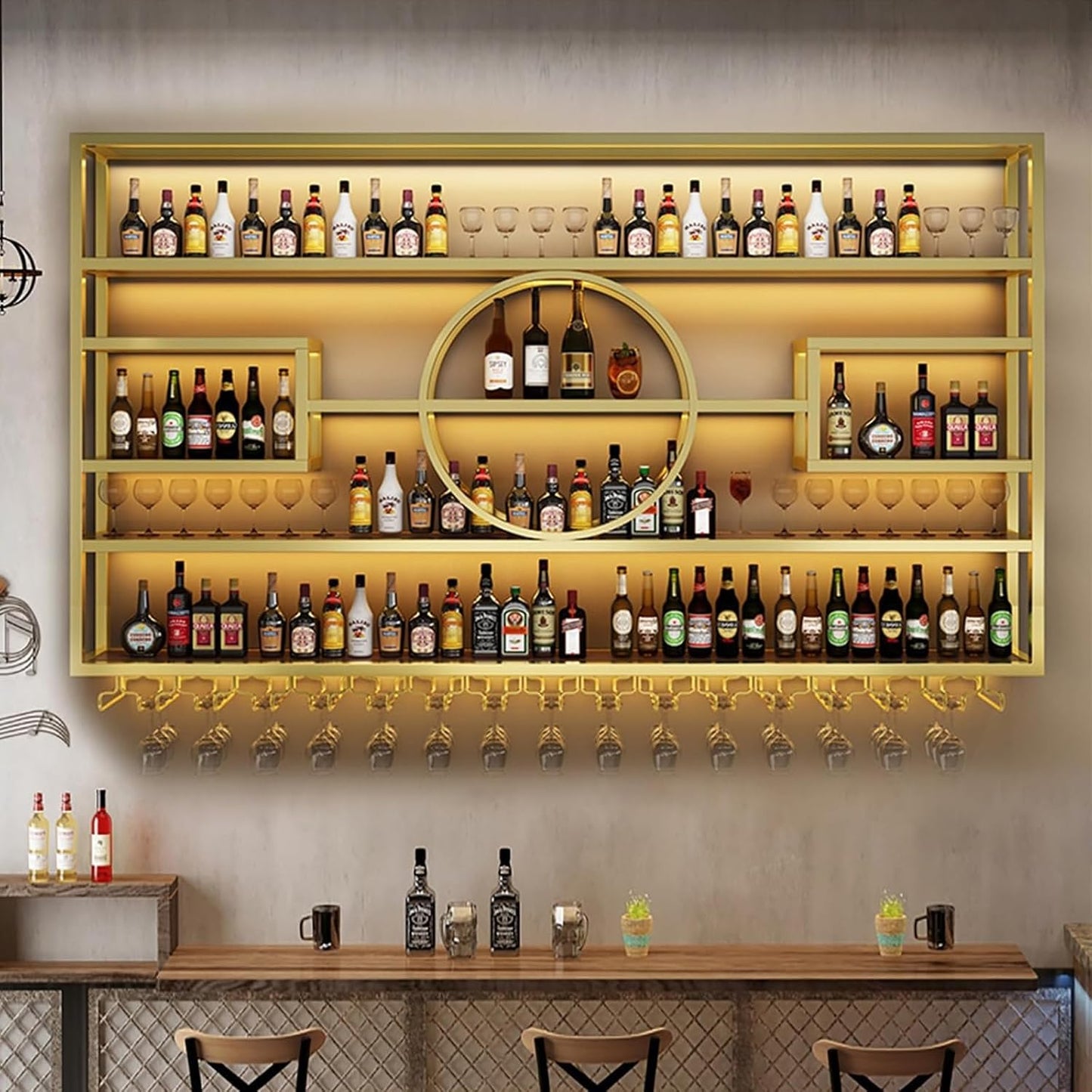 63in Wall Mounted Wine Rack, Modern Metal Wine Bottle and Glass Holder, Iron Display Stand Decorative Wine Rack, for Bar Living Room Dining Room Background (Gold, 63 * 8 * 51INCHES)