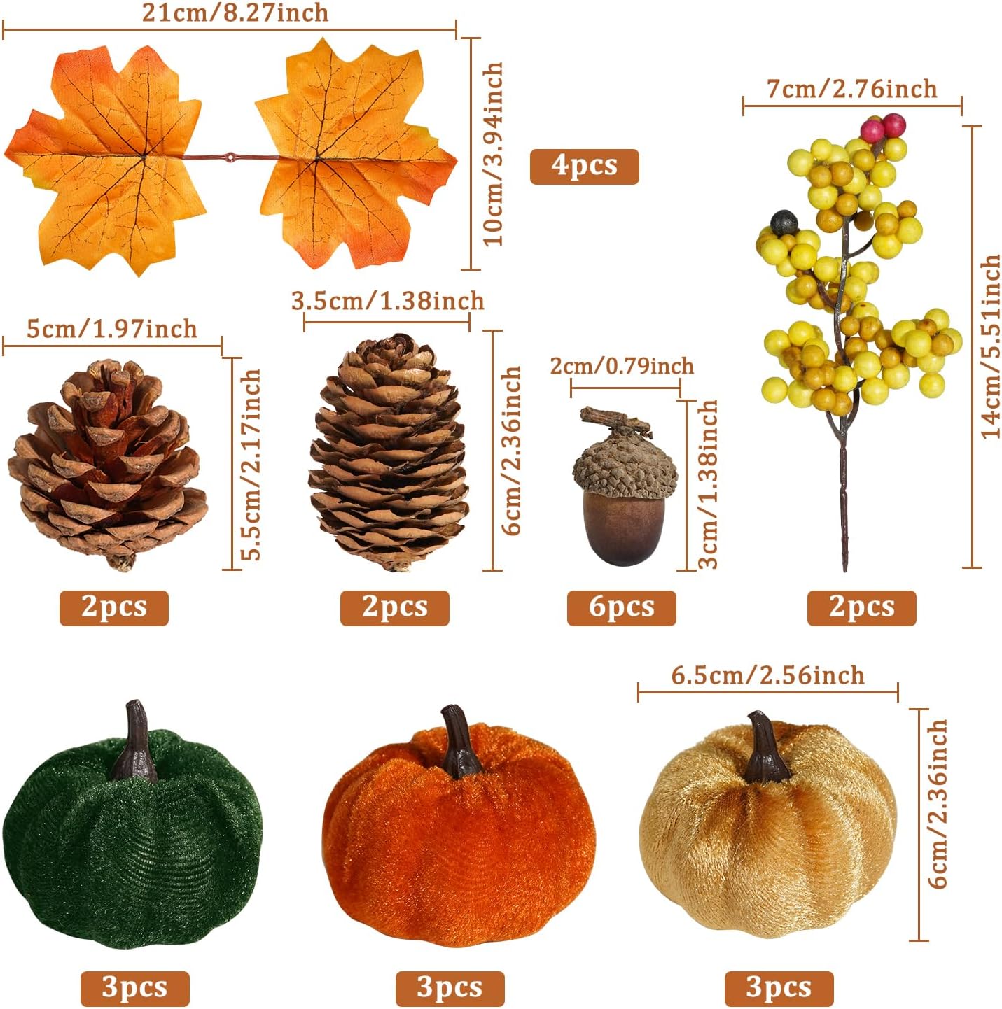 Artmag Fabric Pumpkins Set Decor, 25 PCS Fall Artificial Maple Leaves, Harvest Pumpkins, Acorns, Pine Cones and Orange Berry Stems Decorations for Fall Thanksgiving Table Home