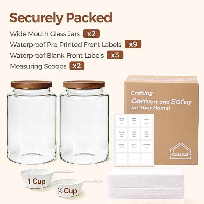 ComSaf 2Pcs (4.2Qt) Wide-Mouth Flour Sugar Storage Containers - Include Scoops & Labels, Easy to Scoop & Airtight, Large Glass Jar for Bakers to Store Bulk Flour, Rice, and Dry Goods in Kitchen Pantry