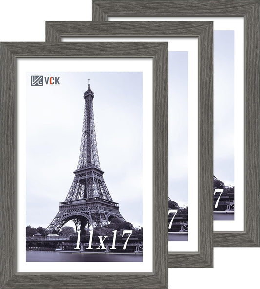 VCK 11x17 Picture Frame 3 Pack, Gray Solid Wood Poster Picture Frame, Exclusive Wood Grain, Wall Mounting Hanging