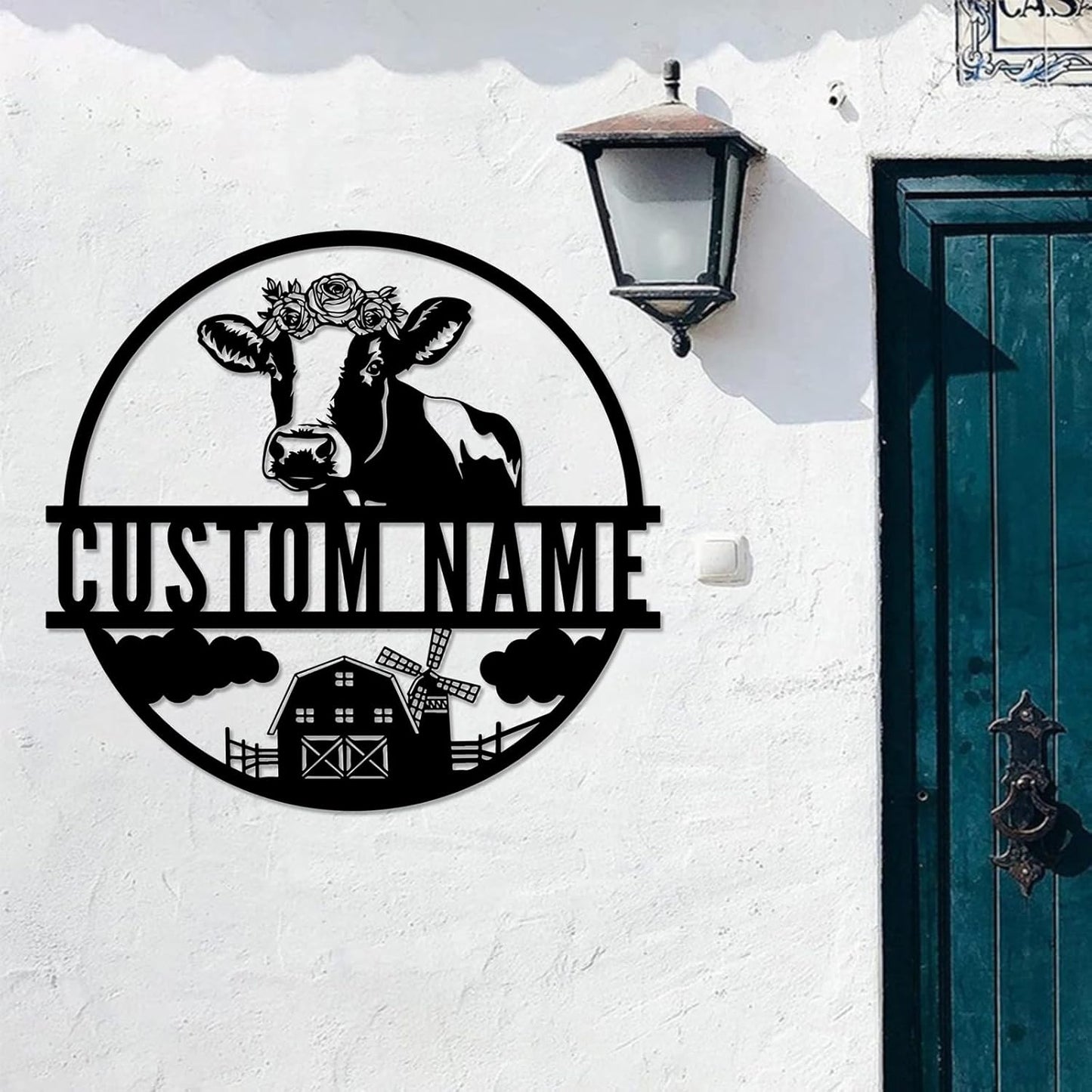 Custom Cow Metal Sign, Personalized Family Name Wall Art, Farmhouse Customized Gifts for Farmer, Flower Monogram Decor for Living Room Indoor Outdoor Hanging