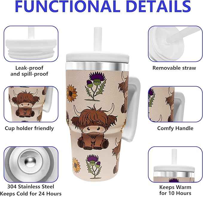 2PCS 20-OZ Insulated Water Bottle,Insulated Stainless Steel Tumbler,Reusable Cold Drink Thermos,BPA-Free, Double-Wall Stainless Steel Water Bottle (Cream-Higland cows, 20, Fluid Ounces)