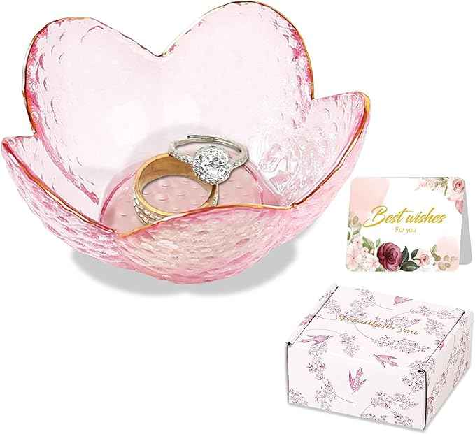 Gifts for Women Pink Flower Ring Dish Glass Jewelry Dish Jewelry Tray Cute Vanity Organizer Room Decor Aesthetic Nightstand Bathroom Decor Trinket Dish Ring Holder Dish Jewellery Tray Valentine's Gift