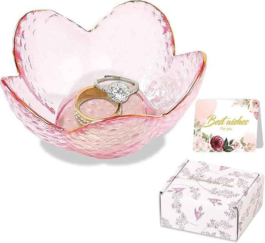 Gifts for Women Pink Flower Ring Dish Glass Jewelry Dish Jewelry Tray Cute Vanity Organizer Room Decor Aesthetic Nightstand Bathroom Decor Trinket Dish Ring Holder Dish Jewellery Tray Valentine's Gift