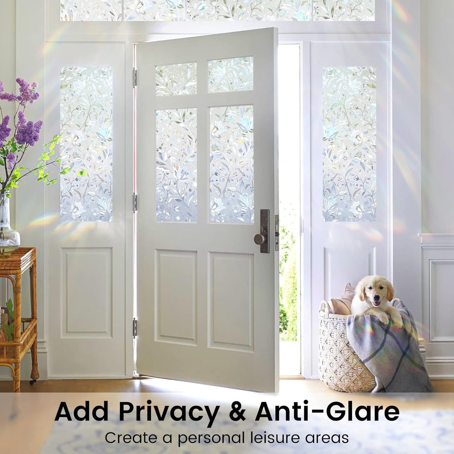 DOWELL Window Privacy Film, 3D Stained Glass Rainbow Films, Decorative Window Vinyl Sun Blocker Door Covering, Static Cling Non-Adhesive Glass Sticker for Home, Blooming Flowers, 35.4"x118"