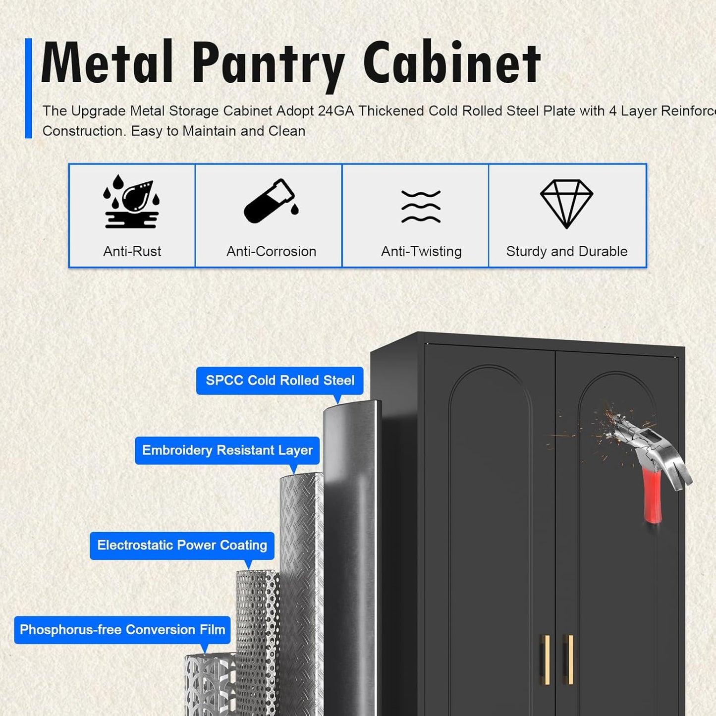 71" Tall Kitchen Pantry Cabinet, Pantry Storage Cabinet with Doors and Shelves, Metal Food Pantry Cabinets with Handles, Black Freestanding Cupboard for Living&Dining Room-Assemble Required