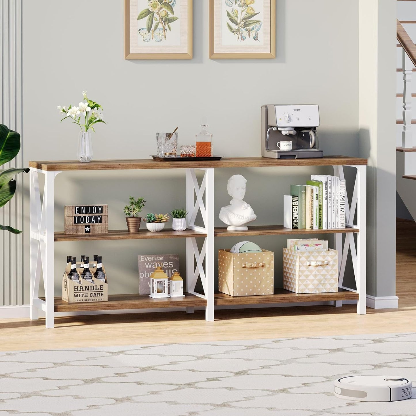 LVB Industrial Entryway Table, Farmhouse Rustic Console Table Behind Couch, Long Metal Sofa Table with Storage Shelf, Modern Hallway Table for Living Room Bedroom,White and Rustic Oak,63 inch