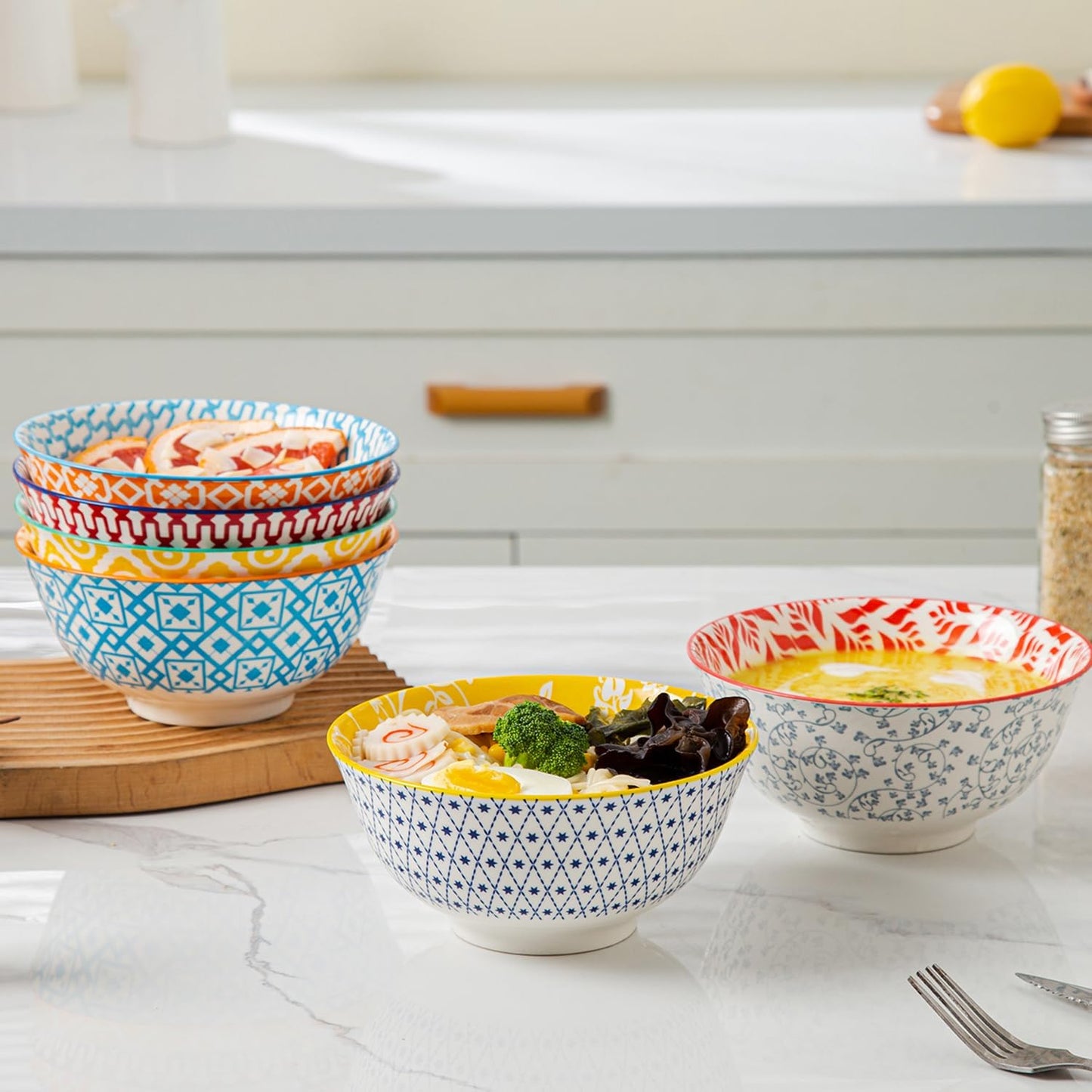 Ceramic Soup Bowls Set - 24 Oz Deep Cereal Bowl - 6 Inch Large Kitchen Dinner Bowl Eating Pasta Salad Dessert Noodle Rice Oatmeal - Microwave Dishwasher Safe - Set of 6 - Assorted Colors