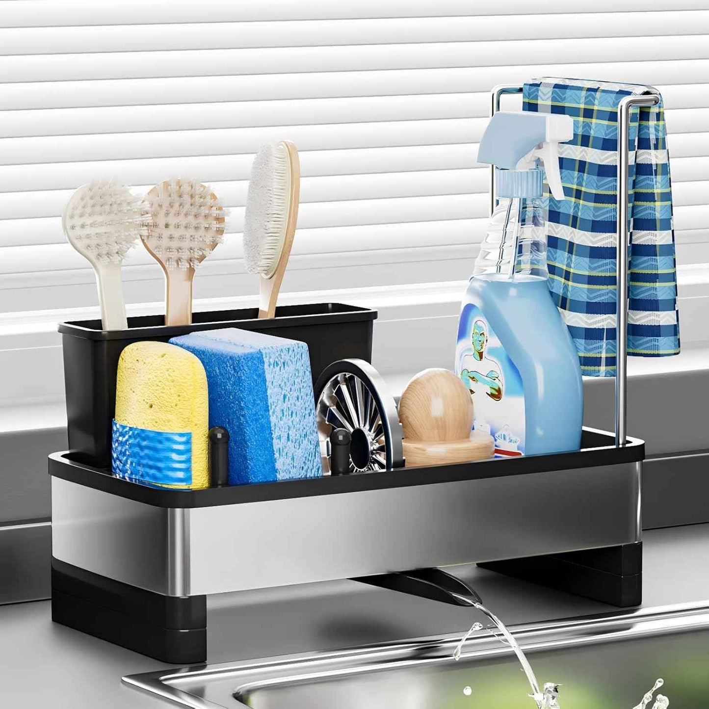 Ewaiira Stainless Steel Sink Caddy, Sponge Holder for Kitchen Sink with Brush Holder and Towel Rack, Sink Organizer for Countertop, Soap Dispenser Kitchen Organizers Storage Essentials (A-Black)