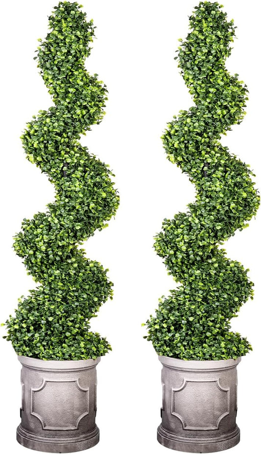 3FT Artificial Spiral Boxwood Topiary Trees with Antique-White Roman-Style Planter - Outdoor&Indoor Year-Round Garden, Porch, Entryway Decor (2 Pack)