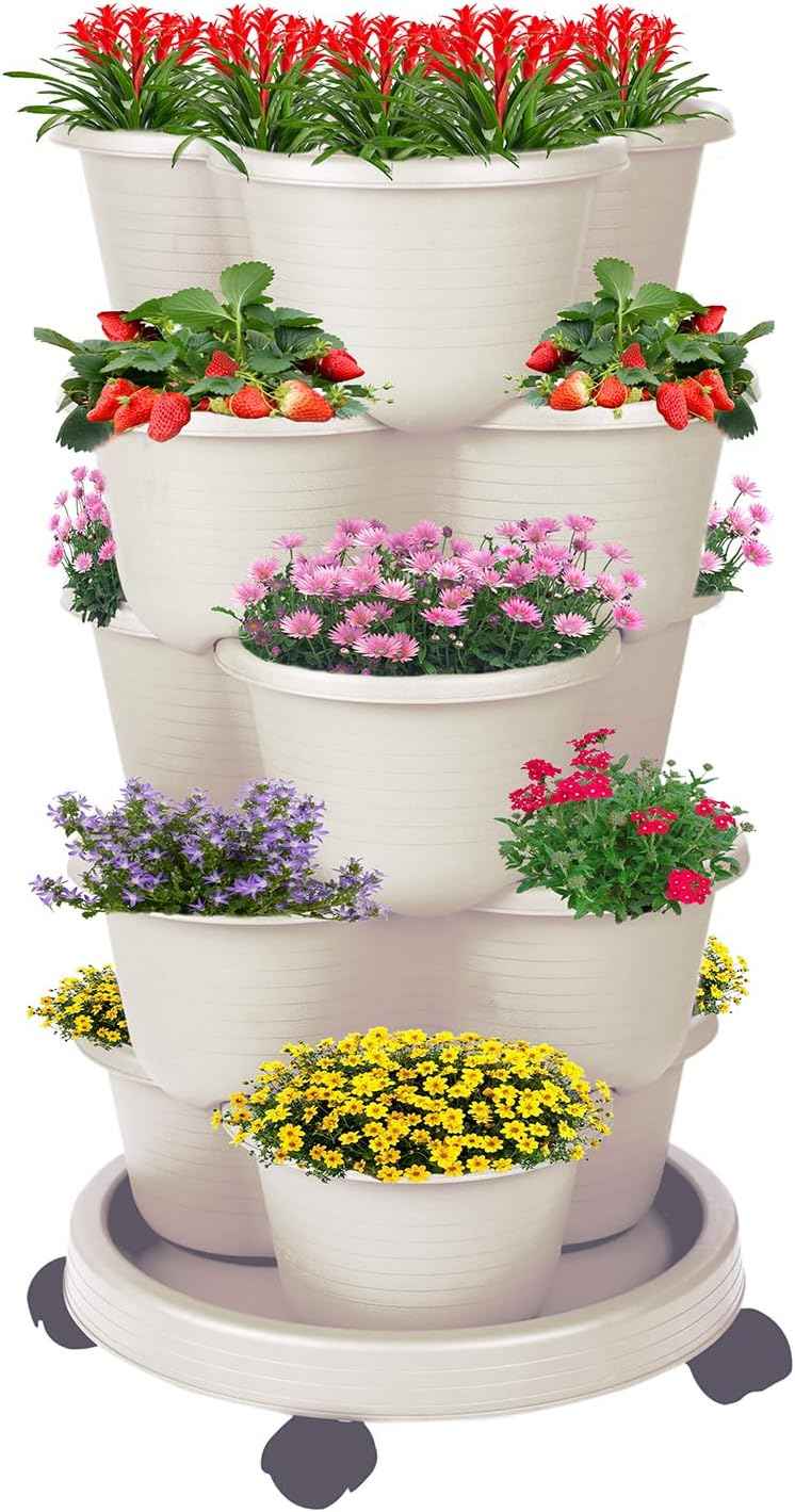5-Tier Vertical Garden Tower Stackable Planter for Strawberries, Flowers, Vegetables & Herbs Beige