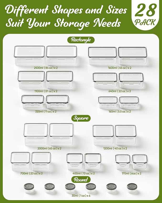 56 Piece Food Storage Containers with Lids(28 Containers & 28 Lids), BPA-Free Plastic Food Containers for Kitchen Storage and Organization, Leak Proof Meal Prep Container, Includes Labels & Pen