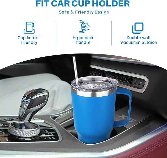 30 oz Tumbler with Handle, Stainless Steel Insulated Tumbler with Lid and Straw, Double Wall Vacuum Coffee Mug Tumbler, Insulated Coffee Thermal Cup for Cold and Hot (Sea Blue)