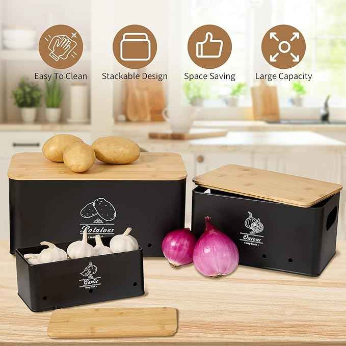 3 Pack Metal Vegetable Storage,Onion Storage,Potato Storage and Garlic Storage Set,Kitchen Vegetable Keeper,Stackable Pantry Organizers with Ventilation Holes and Bamboo Lids(BLACK)