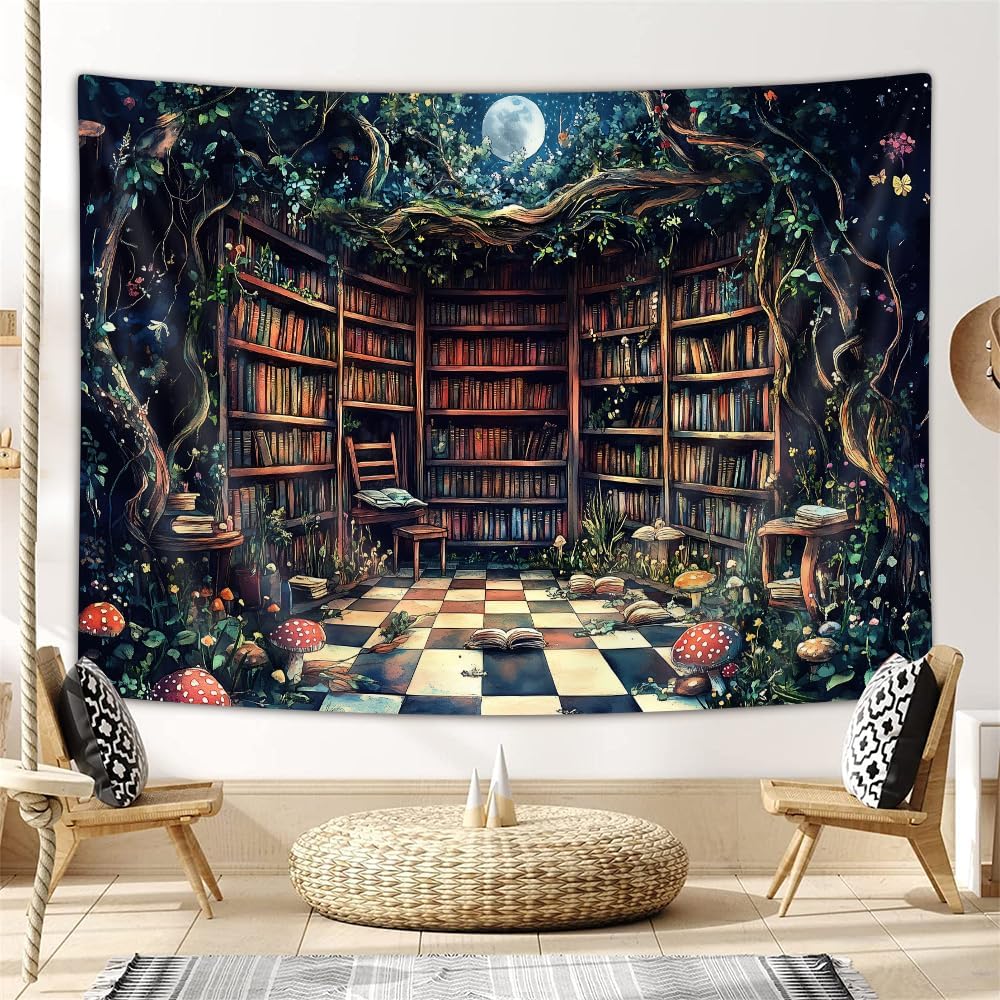 Magical Forest Tapestry, Fairytale Tree Magic Bookshelf Aesthetic Tapestries for Classroom, Witchy Fairy Tree Mysterious Vintage Bookshelf Book Art Tapestry Wall Hanging College Room Bedroom, 60X40