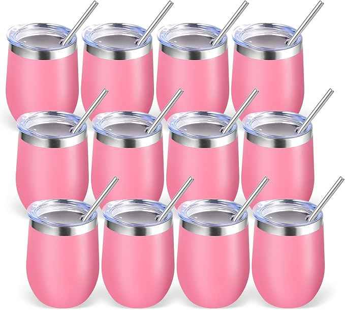 Volhoply 12oz Stainless Steel Wine Tumbler with Lid Bulk 12 Pack,Double Wall Vacuum Stemless Wine Glasses,Reusable Metal Travel Coffe Mug with Straw,Insulated Cups Gifts for Christmas（Pink,12 Set）