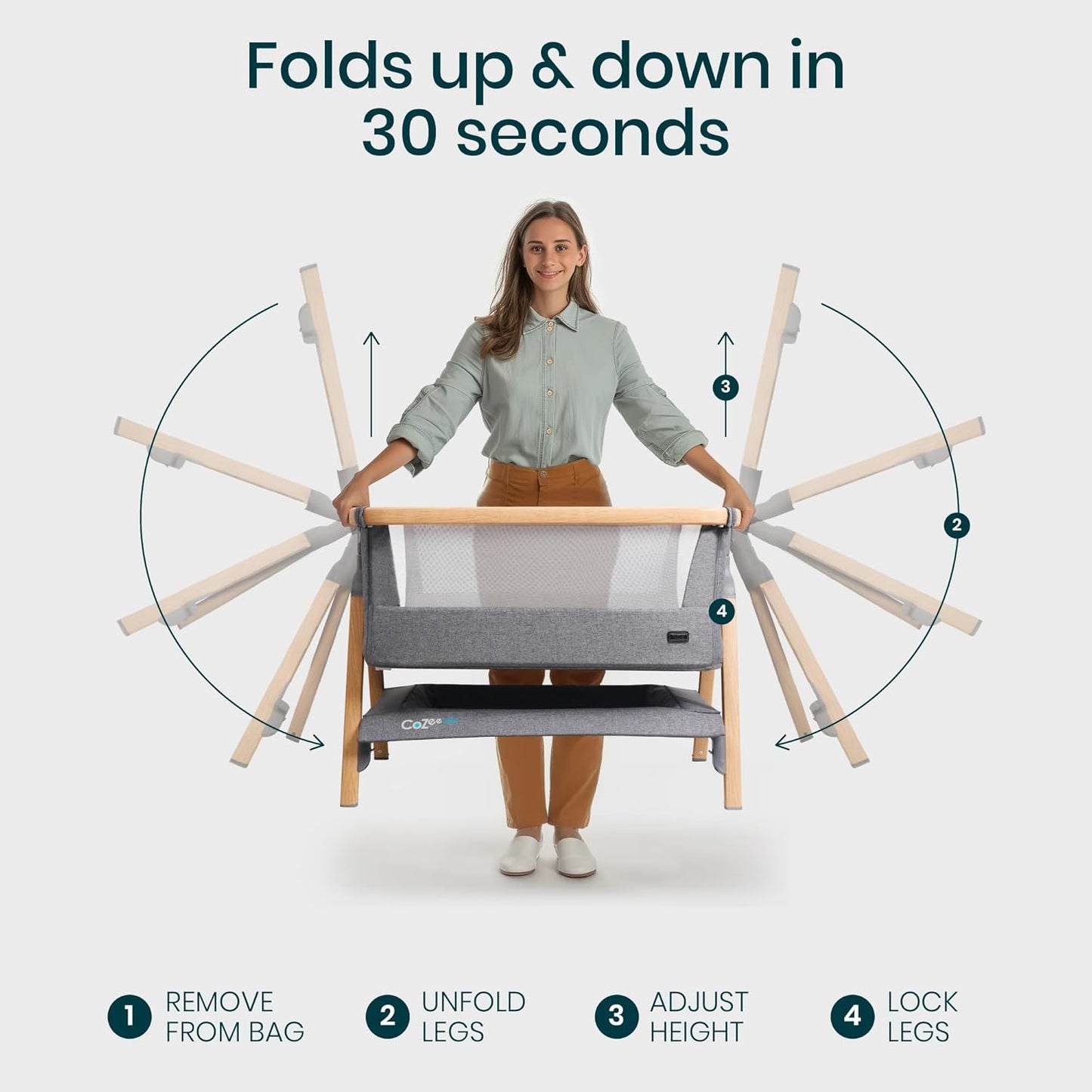 CoZee® Air Baby Bassinet & Bedside Sleeper - Rocking Bassinet for Baby, Fast-Folding with Travel Bag, Deluxe Airflow Mattress & 6 Mattress Heights, 0-6 Months (Oak & Charcoal)