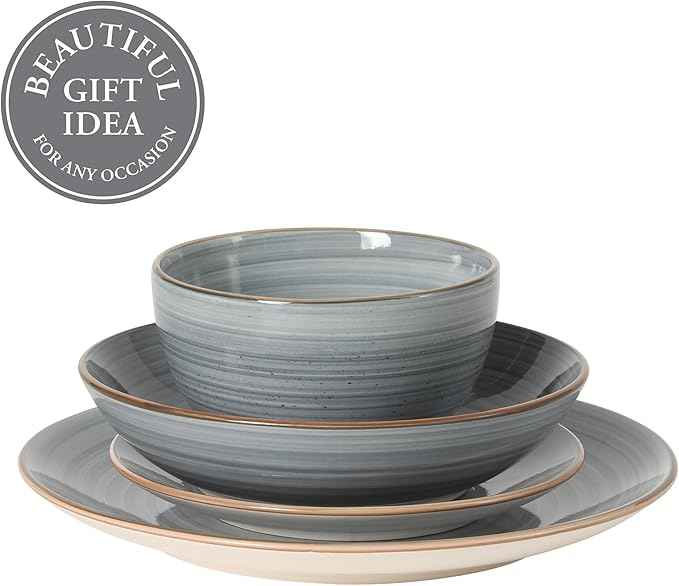 Gibson Home Stonebury 16 Piece Plates and Bowls Blue Dishes - Handpainted Stoneware Dinnerware Set - Service for 4